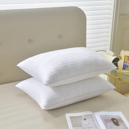 White cotton satin stripe pillow with feather-cotton filler in 900g, 1000g, or 1100g weights and 45x65cm, 48x74cm, 50x80cm sizes