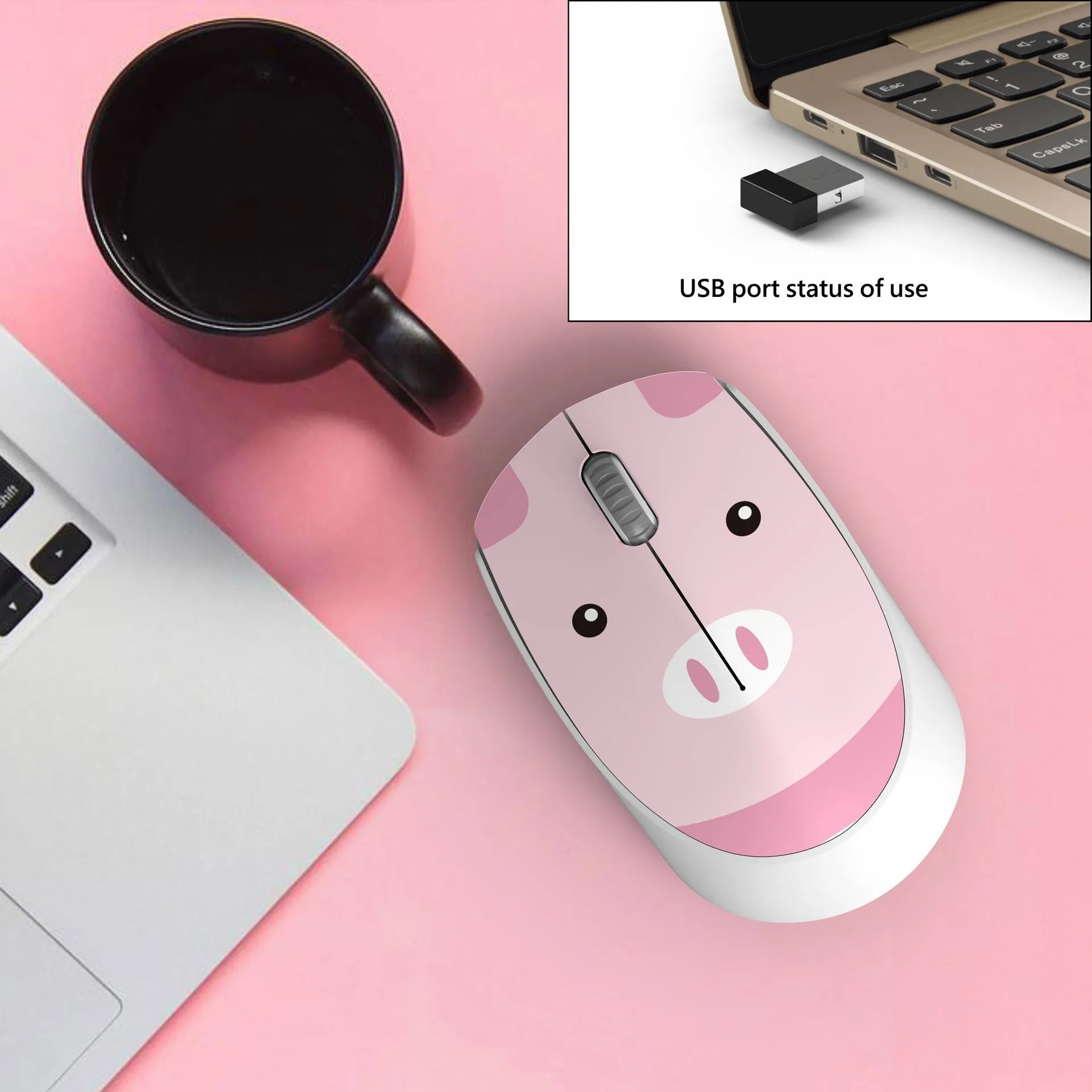Wireless mini mouse with cartoon animal design showing compact 10.55cm width and USB receiver