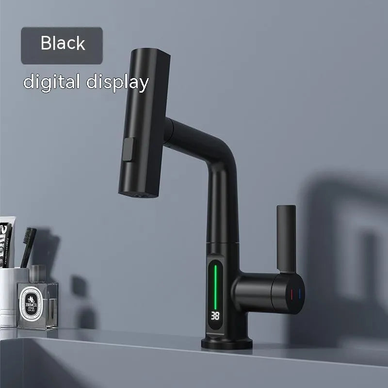 Modern digital display kitchen tap with pull-out spray hose showing LED temperature screen.