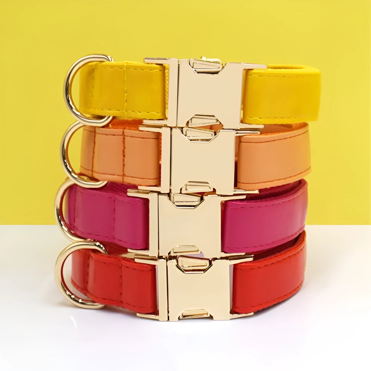 Velvet leather dog collar with colour block design showing buckle fastening in available colour options