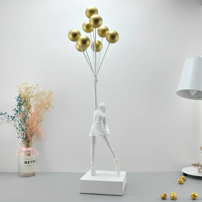 Bubble Girl natural resin sculpture ornament in white with red ball, 10-15 cm tall hanging modern decor piece