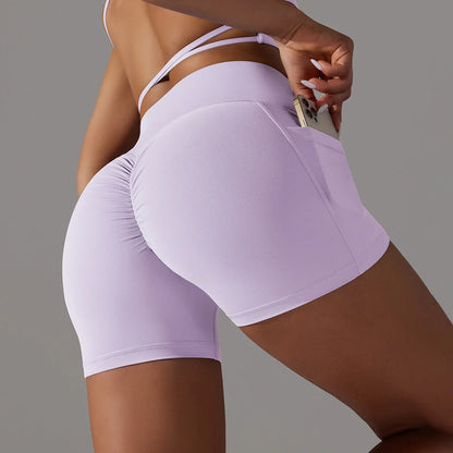 Women's yoga shorts with phone pocket in various colors for fitness and sports