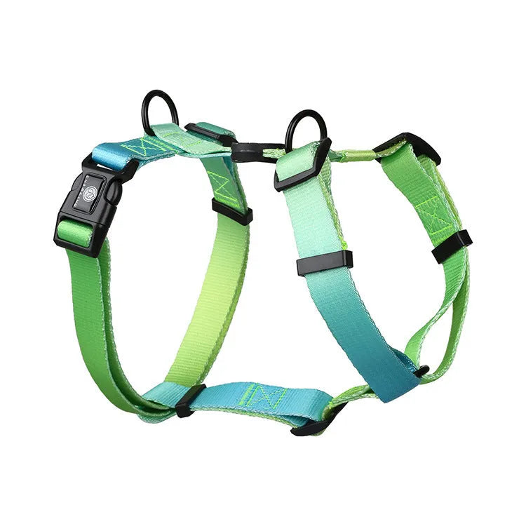 Polyester dog chest strap showing gradient colour pattern options in S, M, and L sizing