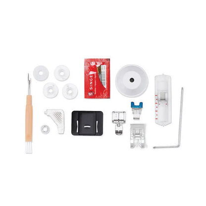 M2405 portable household sewing machine with accessories on table showing compact 47x39x26cm size