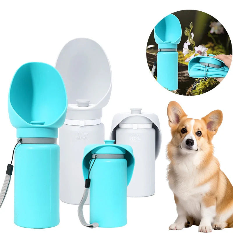 Blue and grey folding pet water bottle with leak-proof seal for dogs and cats