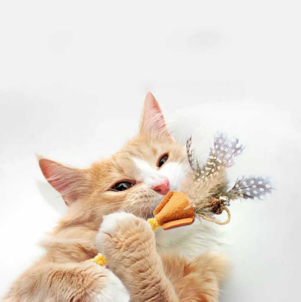 Polygonum wood cat chew toy with green and yellow feather attachments for dental health and interactive play