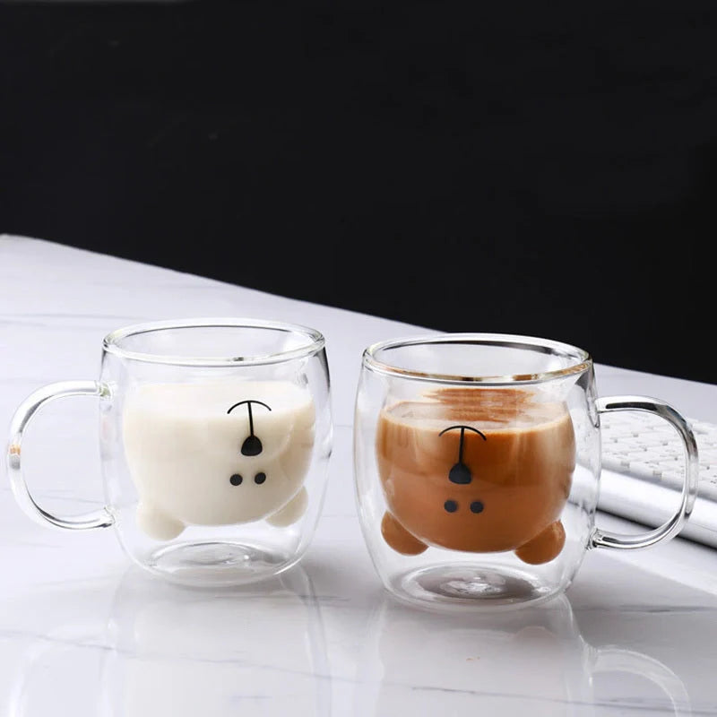 Creative Bear Double Coffee Milk Glass Cup for Kids in four colors: transparent, pink, lake green, and amber