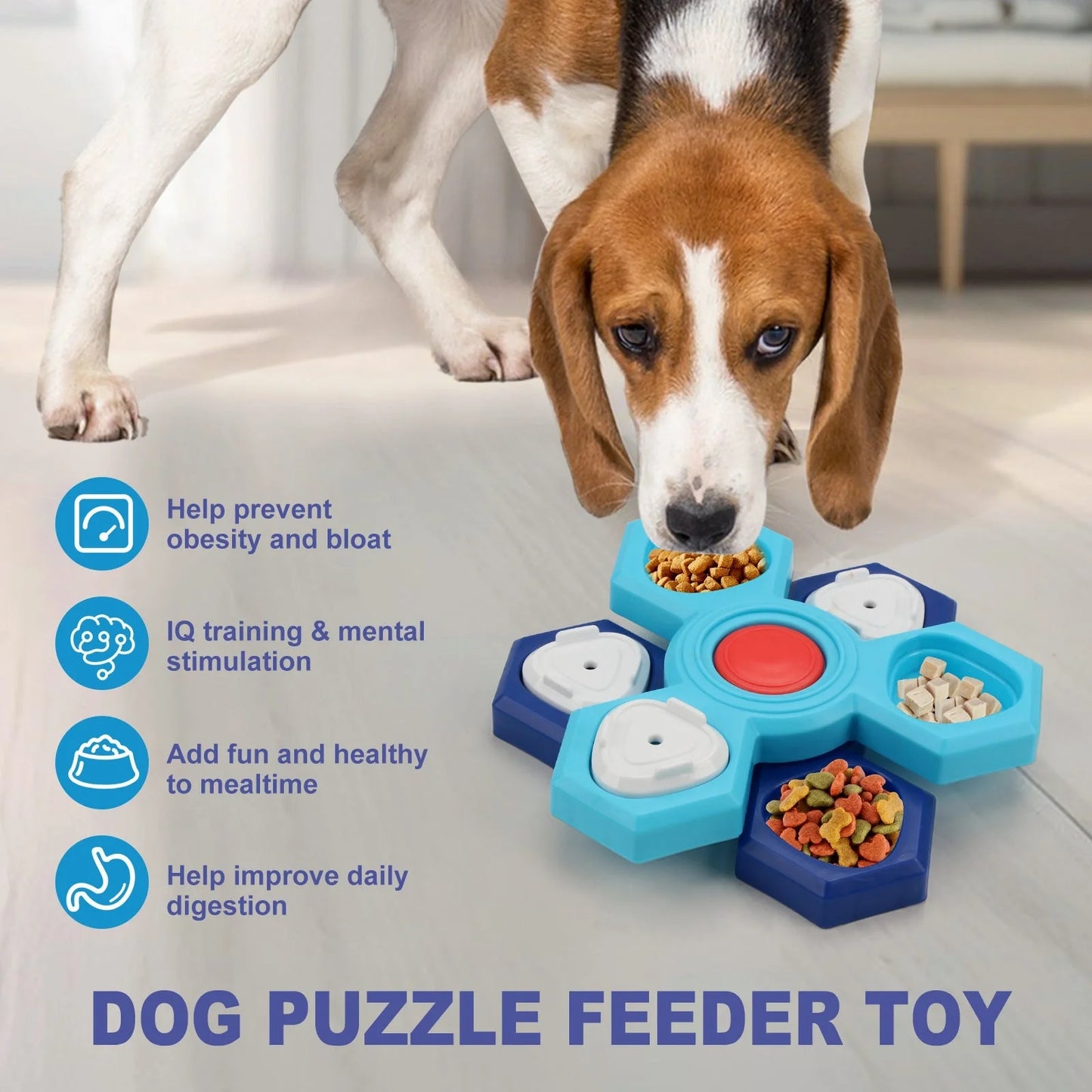 Blue 4-layer slow feeder puzzle dog bowl for healthy eating habits