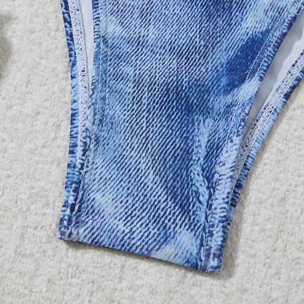 Women's denim blue printed bikini suit with adjustable straps, sizes S M L XL, nylon spandex fabric