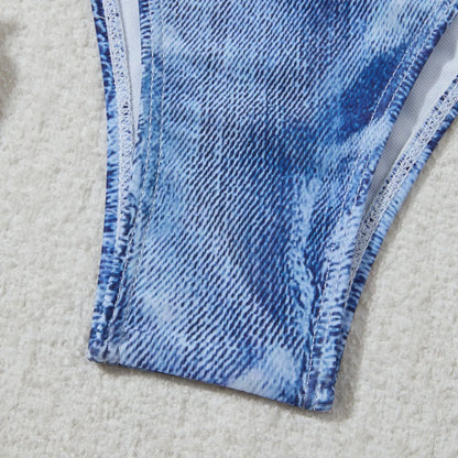 Women's denim blue printed bikini suit with adjustable straps, sizes S M L XL, nylon spandex fabric