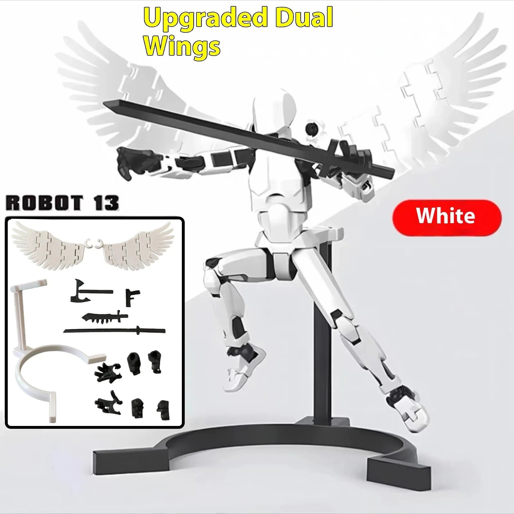 Highly posable 3D printed robot mannequin toy with interchangeable accessories, including wings and weapons
