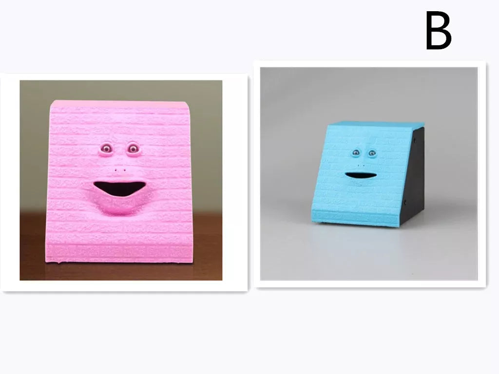 Face Intelligent Induction Electric Piggy Bank with realistic money-eating action in brick blue, pink, or red