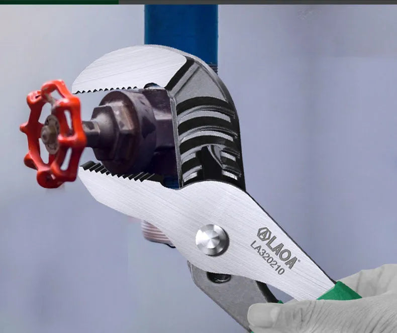 CR-V steel adjustable water pipe wrench set showing four sizes on a workbench.