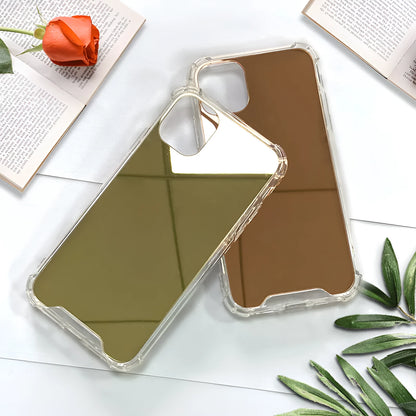 Mirror finish iPhone case showing transparent PC shell with reflective silver surface and back cover design