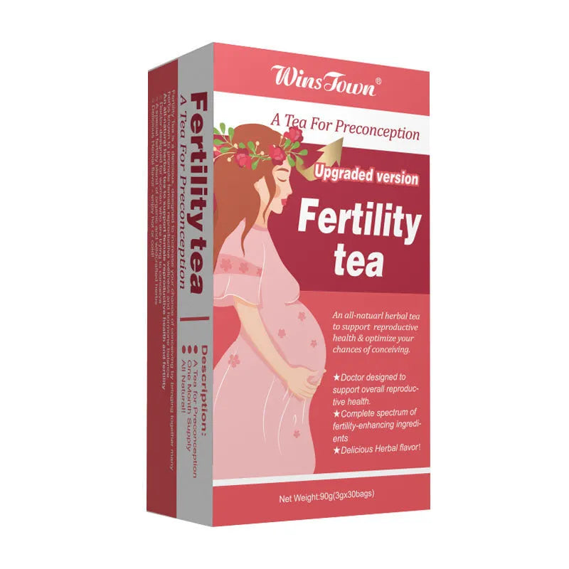 Box of fertility tea containing 330 individual bags organised into 3 packets of 30