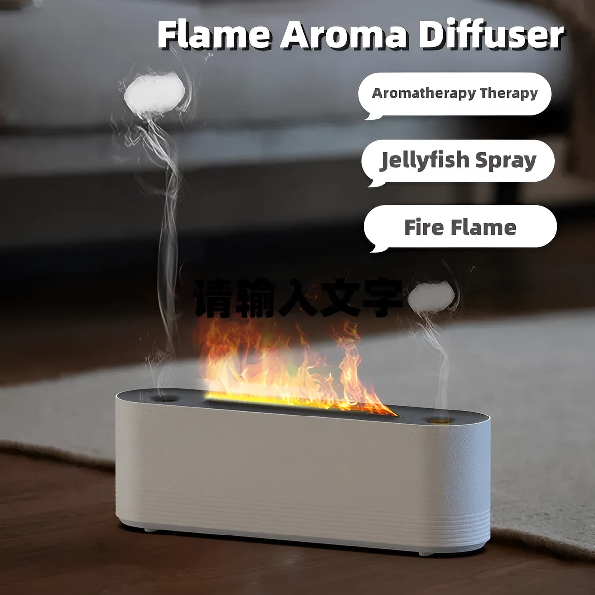 Black Flame Air ultrasonic humidifier with LED lights and mist output on wooden surface