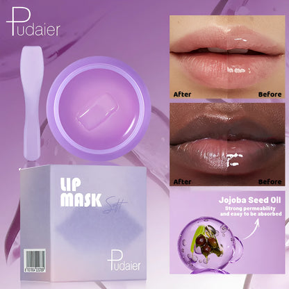 Box containing a 10ml lip exfoliating mask film and a plastic scraper tool for lip care.