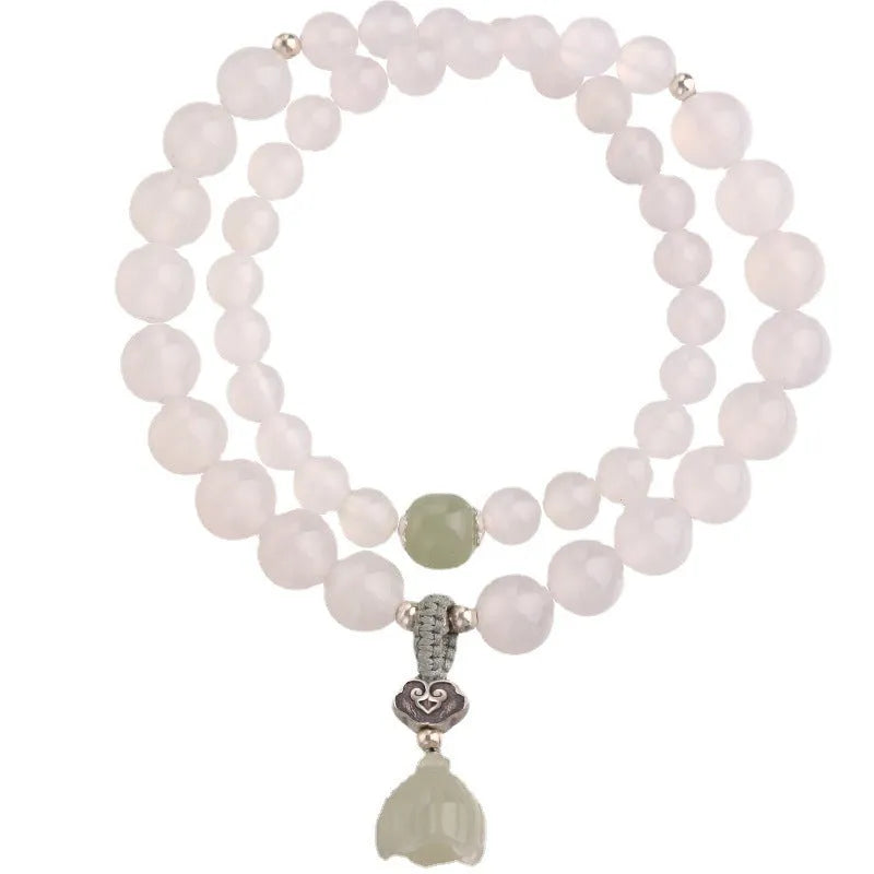 S925 sterling silver bracelet with white agate and Hetian jade in geometric lotus design