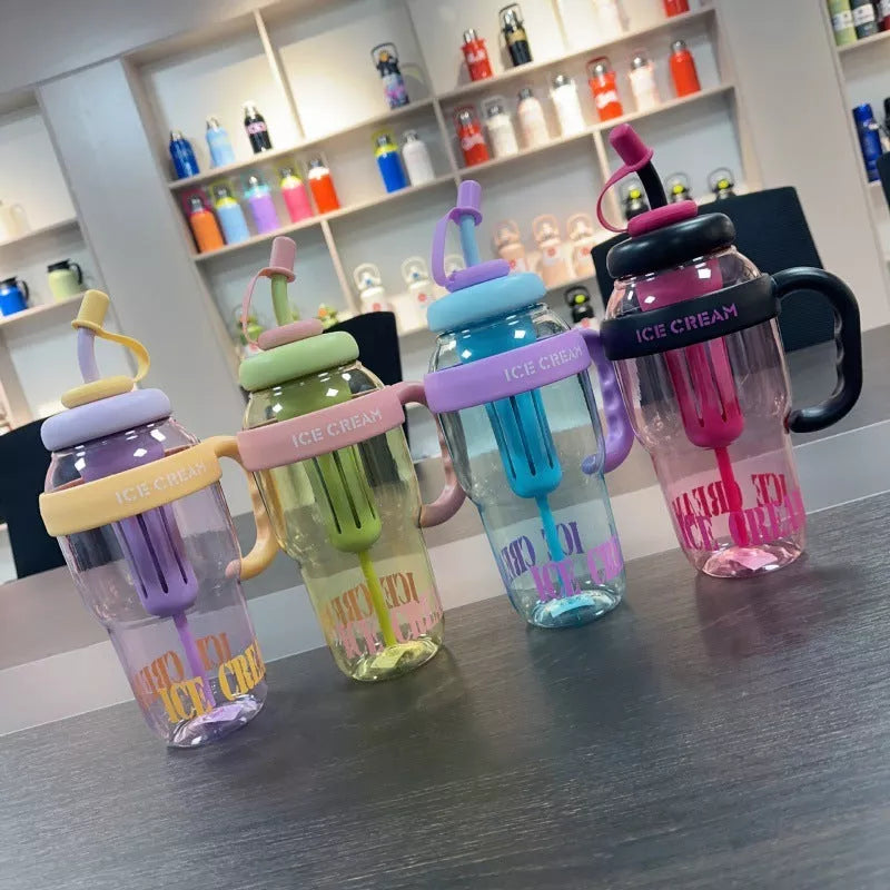 Cartoon design plastic water bottle with straw, 1200ml capacity, available in pink, purple, red, black, yellow