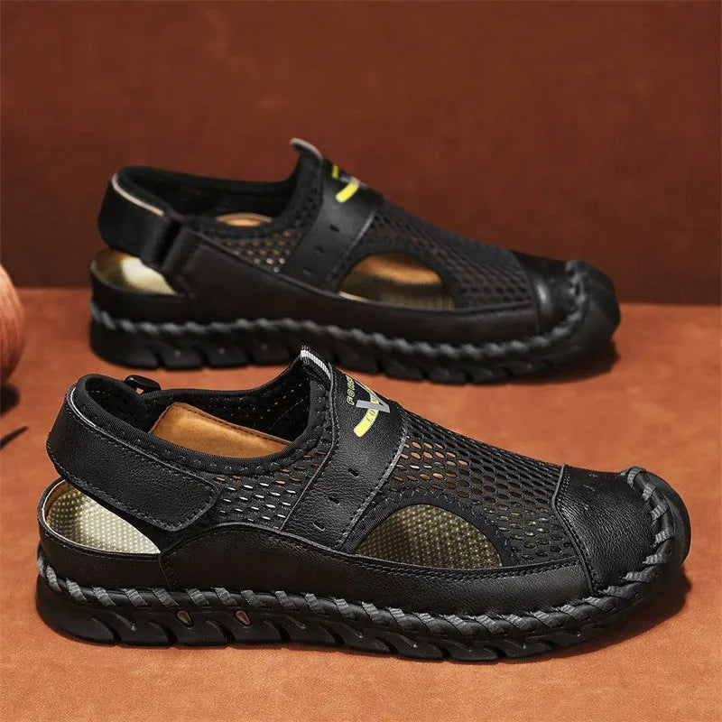Men's brown leather casual shoe with mesh panels, elastic band, and flat rubber sole.