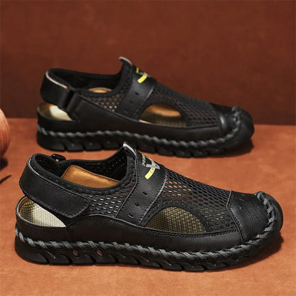 Men's brown leather casual shoe with mesh panels, elastic band, and flat rubber sole.