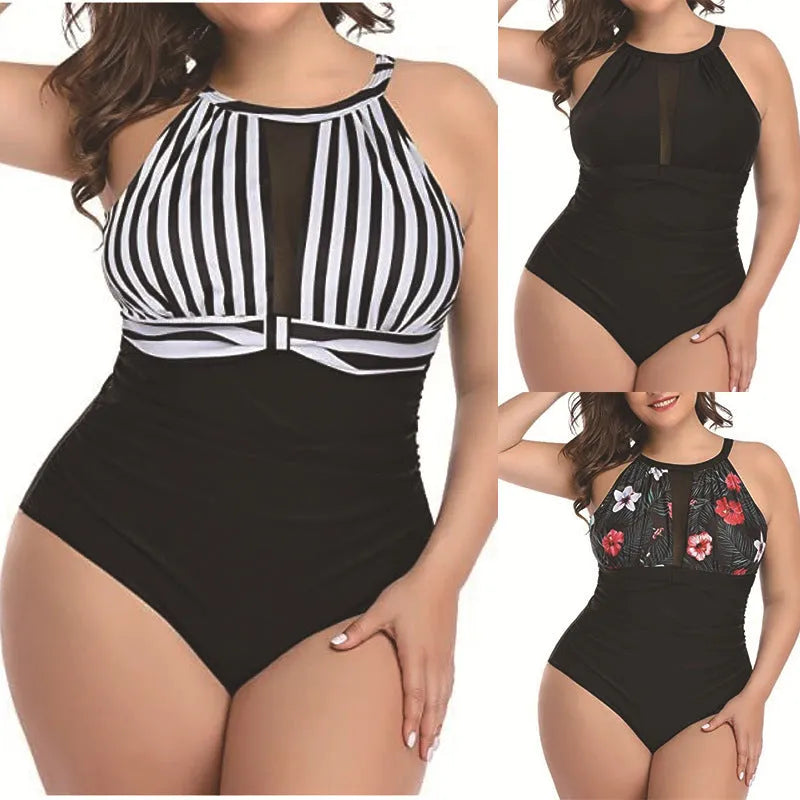 Women's black one-piece swimsuit with lace trim on a mannequin, showing front design.