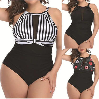 Women's black one-piece swimsuit with lace trim on a mannequin, showing front design.
