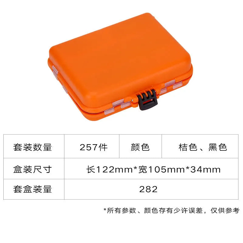 Fishing tackle box set containing 257 pieces of Texas fishing sea fishing rock fishing lure accessories and fish hook rigs in ABS plastic storage case with two colour options including orange and black