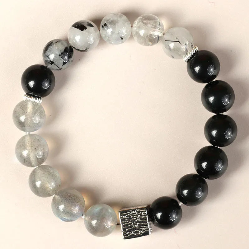 10mm khaki crystal couple bracelet with Chinese geometric design and polished finish