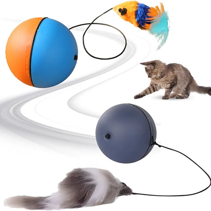 Automatic self-rolling cat ball toy in blue-orange and grey colours on indoor floor