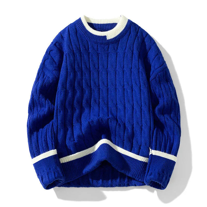 Men's loose fit modal acrylic pullover sweater in light blue on hanger