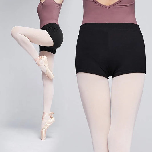 Black cotton ballet practice shorts for women in solid colour, suitable for dance and fitness exercise