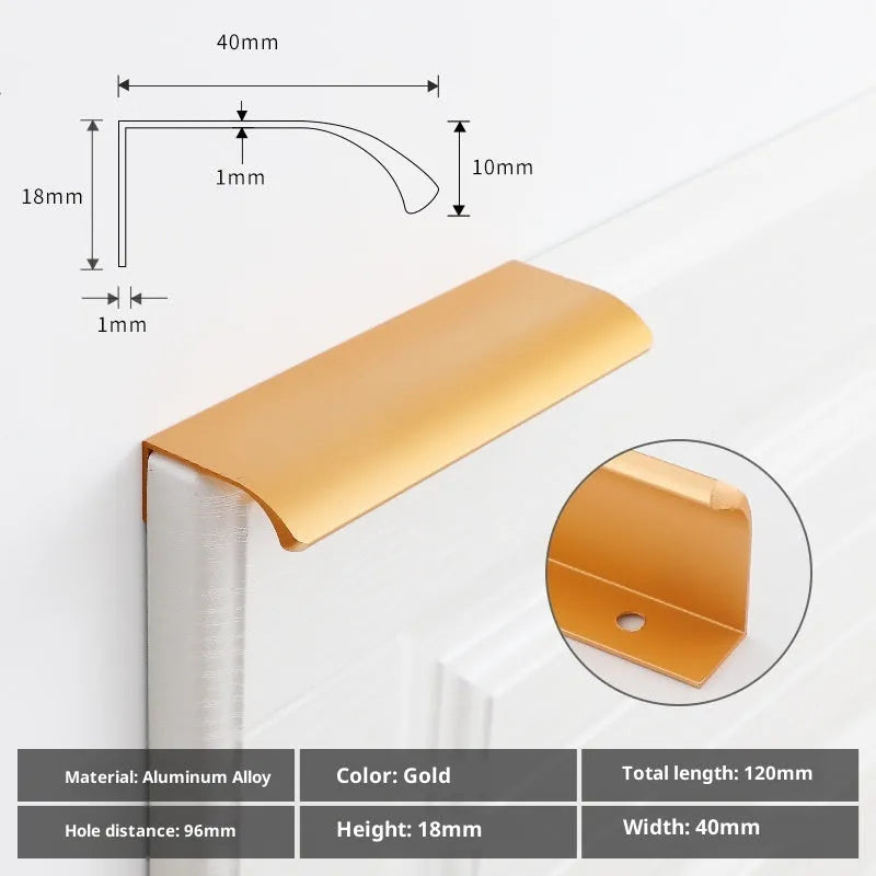 No-drill hidden cabinet handle in aluminium alloy, black or gold, long pull for wardrobe or kitchen door