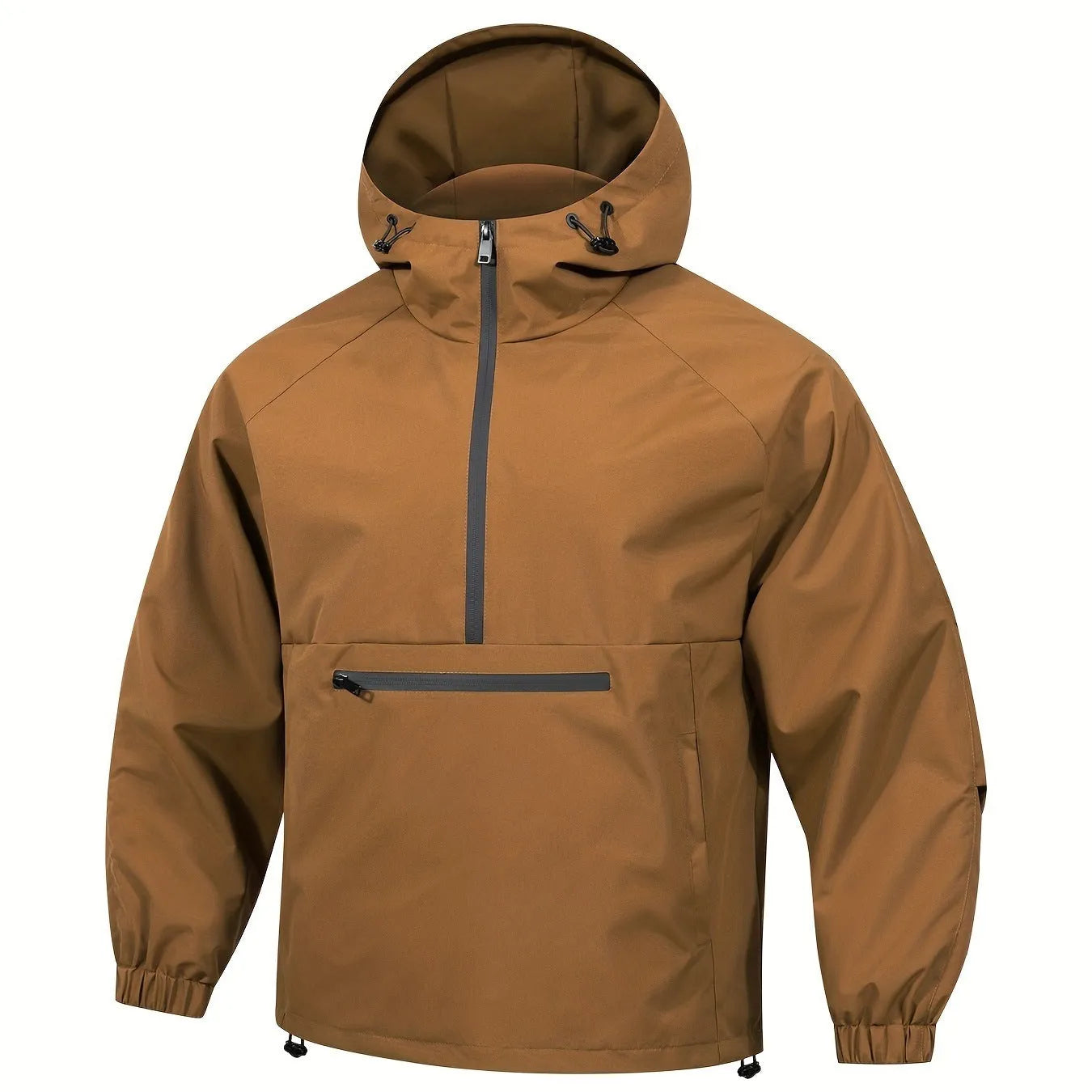 Man wearing a light grey loose-fit half-zip hooded corduroy jacket with rabbit fur.