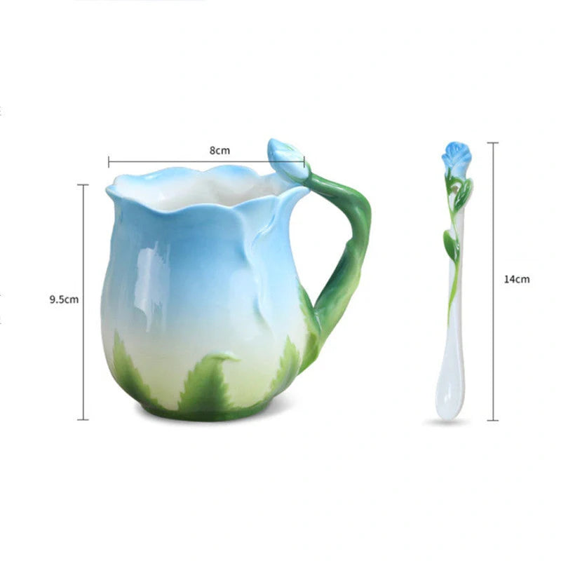 Hand-painted rose ceramic coffee mug with spoon, 320ml capacity, enamel porcelain material