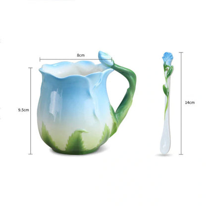 Hand-painted rose ceramic coffee mug with spoon, 320ml capacity, enamel porcelain material