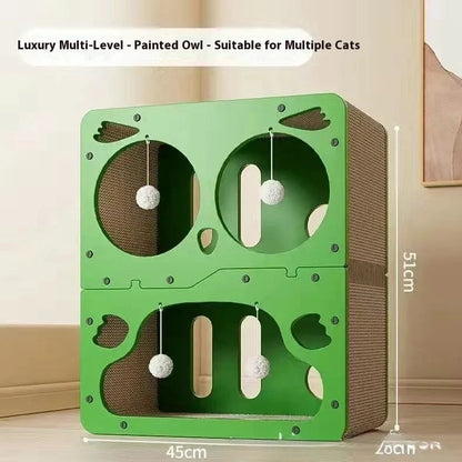 Double layer cat scratching board with owl design panel and integrated resting nest