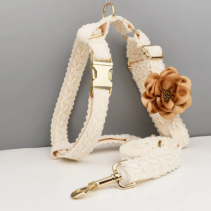 White lace dog vest and matching collar with floral decoration for wedding or special occasion.