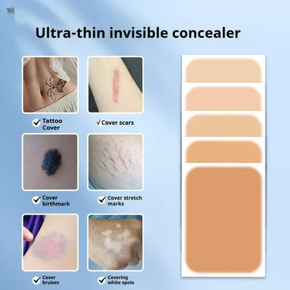Tattoo cover patch and a 130mm long concealer brush on a table, with colour option swatches visible.