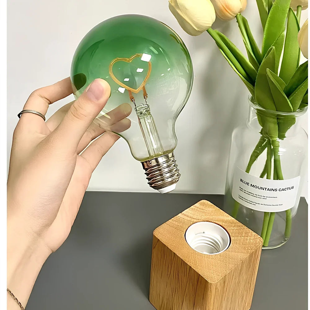 Cute atmosphere lamp night light, 7cm x 18cm glass shade on wood base, 3W LED in red love, green love or colorful double layer for 8-15m² rooms