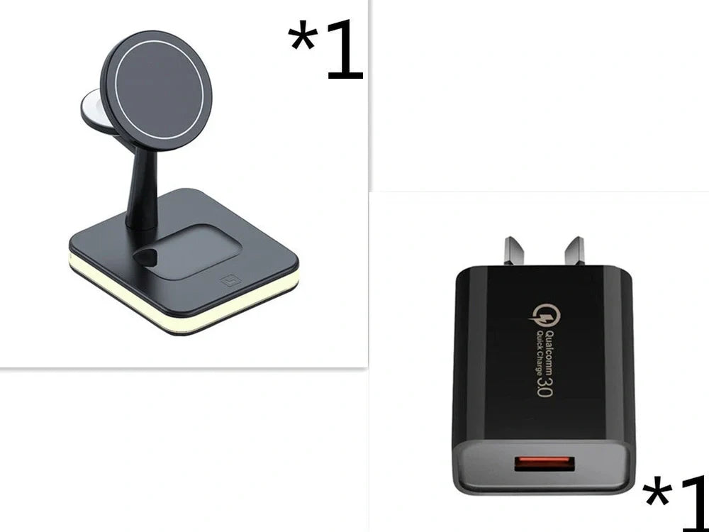 Black three-in-one wireless charger magnetic bracket on a desk charging multiple devices