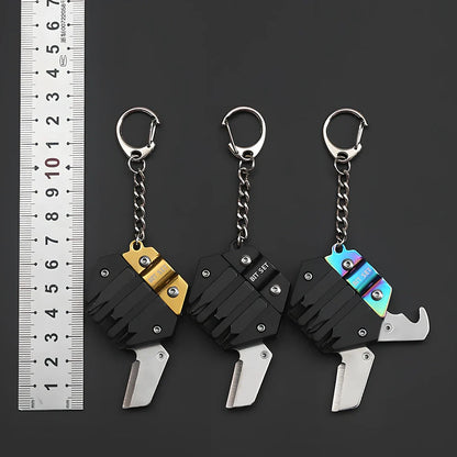 Black multifunctional hexagon keychain knife, 38mm x 13mm stainless steel tool with 2cm blade and key ring