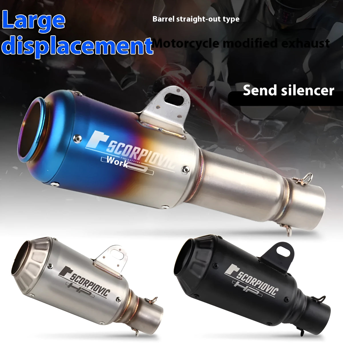 Universal stainless steel motorcycle exhaust pipe with decorative flower cover in black, titanium, half blue, or colourful finish