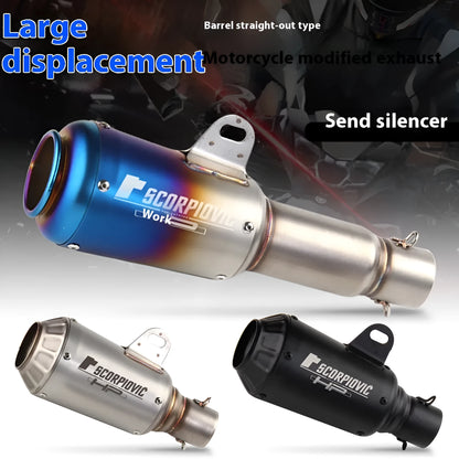 Universal stainless steel motorcycle exhaust pipe with decorative flower cover in black, titanium, half blue, or colourful finish