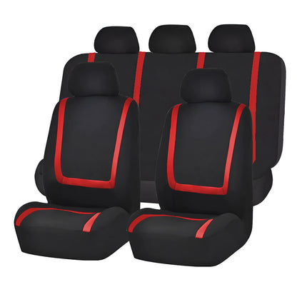 Fully enclosed fabric car seat cover set showing front and rear seat protection in a beige and black colour combination.
