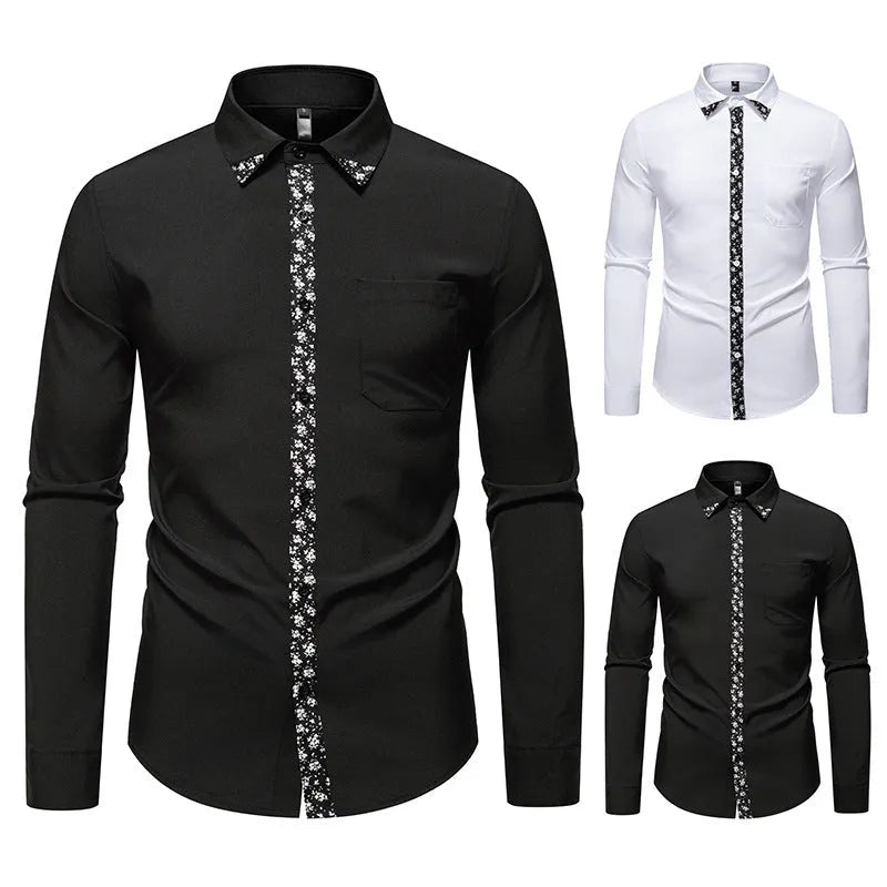 Men's long sleeve polyester shirt in white or black with slim fit and colour block cardigan-style design