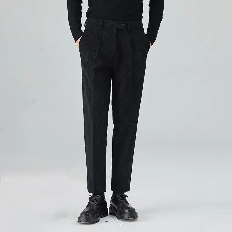 Men's straight-leg corduroy trousers in beige, black, and brown gray colours showing mid-waist and loose fit