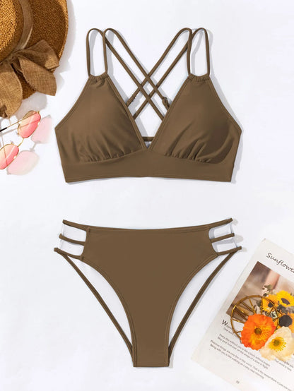 Women's V-neck halter bikini swimsuit with split shorts in nylon fabric