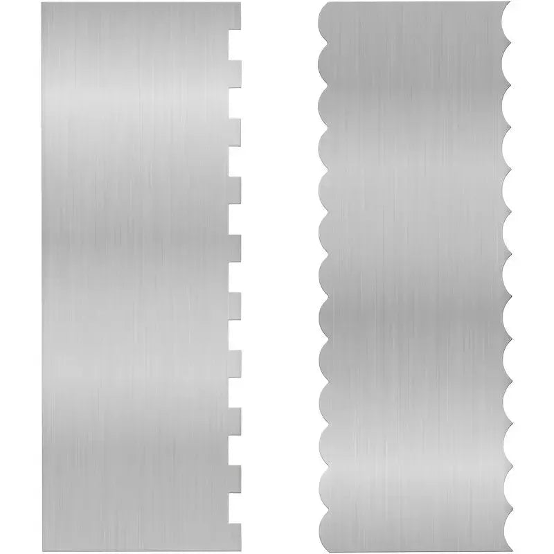 Stainless steel cream scraper with polygon patterns for cake decorating showing six different texture options