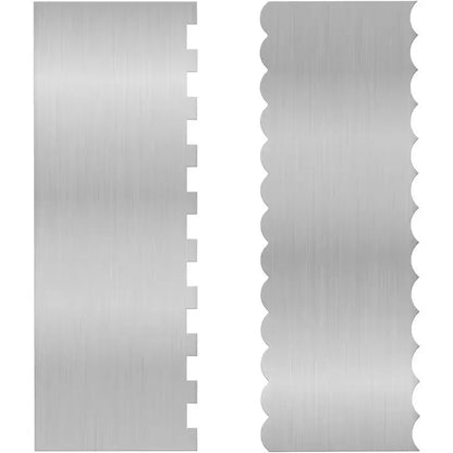 Stainless steel cream scraper with polygon patterns for cake decorating showing six different texture options